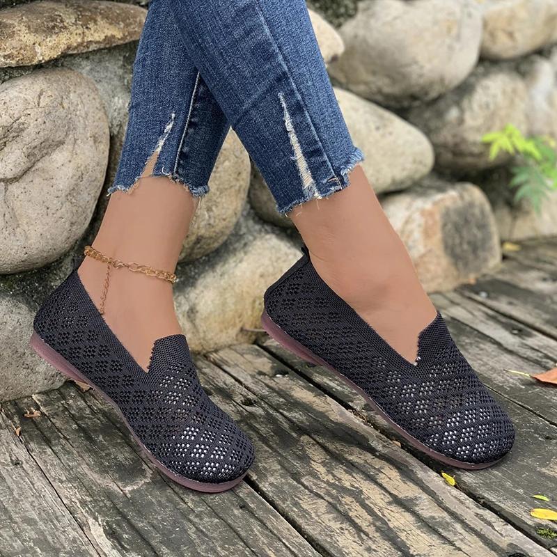 Loafers Autumn Casual Shoes Women Flat Heel Square Toe Hollow-out Sneakers Barefoot Shoe Moccasin Female Knitted 2024 New Work