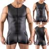 Hot Sexy Men Faux Leather Bodysuit Nightclub Costumes Tight Pouch Leotard Sleeveless Zip-up Open Crotch Jumpsuit Erotic Lingerie
