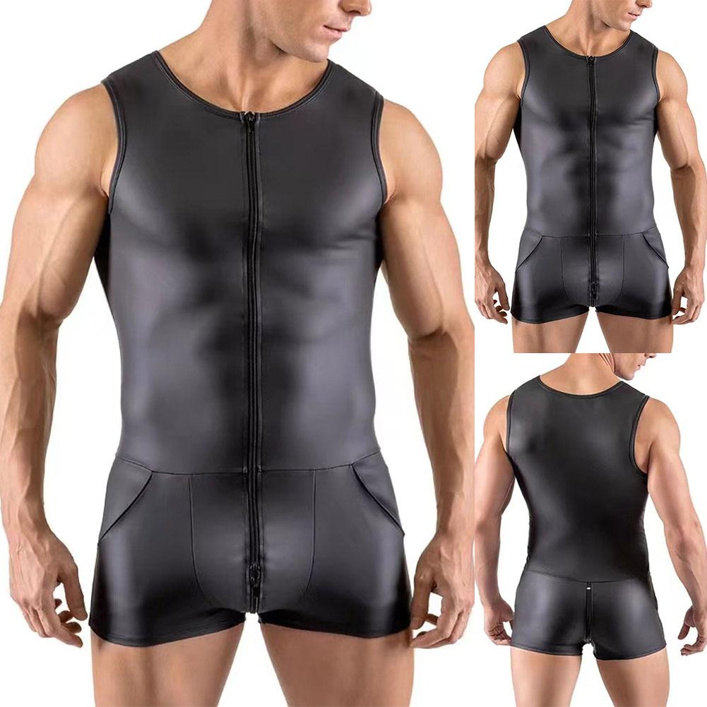 Hot Sexy Men Faux Leather Bodysuit Nightclub Costumes Tight Pouch Leotard Sleeveless Zip-up Open Crotch Jumpsuit Erotic Lingerie
