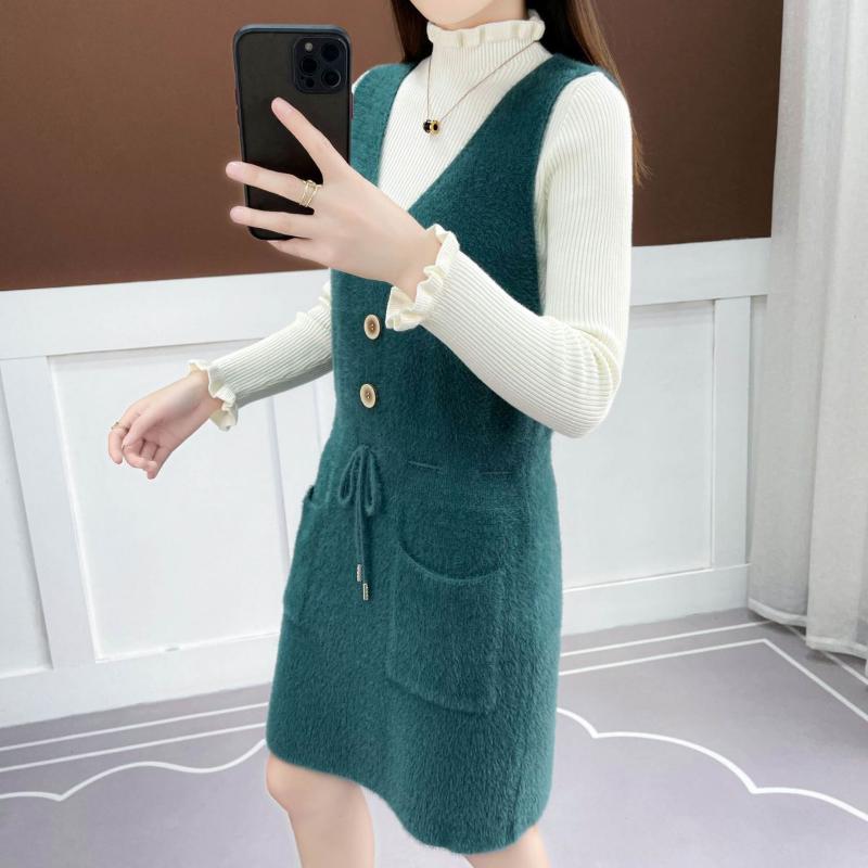 Faux Mink Knitted Waistcoat Spring and Autumn Mohair V-neck Vest Knitting Versatile Sleeveless Mid-length Casual Women's Dress