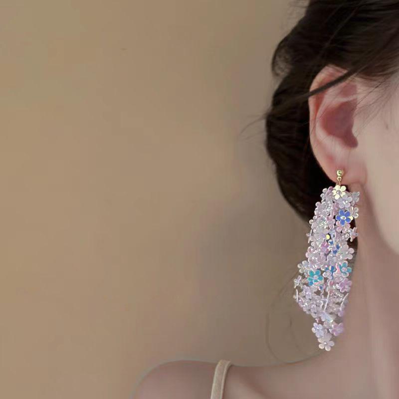 Rice Bead Sequins Pink Flower Fringed Earrings Fashionable Exaggerated Personalized Earrings Light Luxury High-end Earrings Women