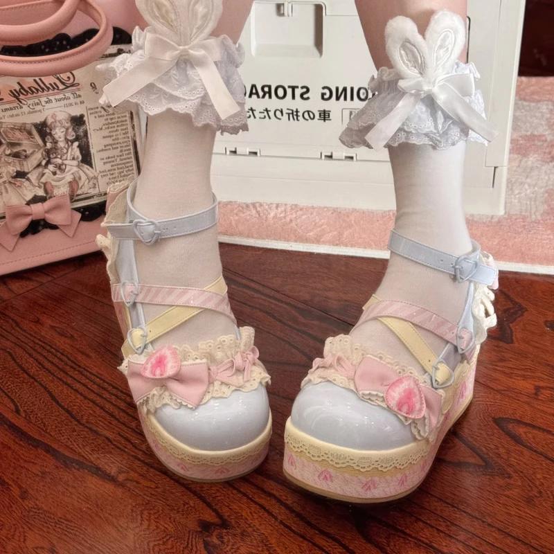 Fashion Lovely Girls Lolita Flat Platform Female Students Sweet Strawberry Lace Bowknots Mary Janes Elevator Shoes
