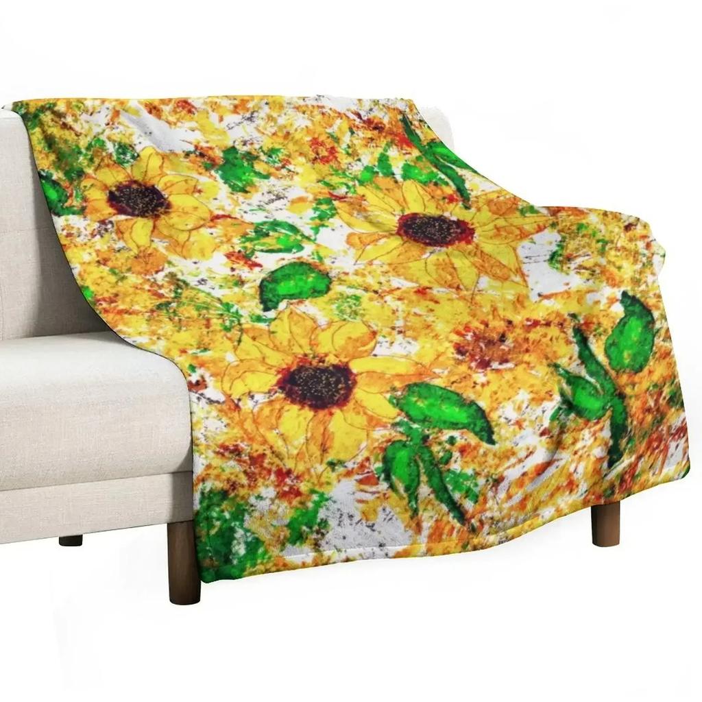 Primitive Rustic Sunflower Garden Yellow Green Brown Throw Blanket Fade Resistant Durable Throw Blanket