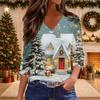 Women's Christmas Print V-Neck Three-Quarter Sleeve Loose Fit Casual Shirt for Everyday Wear