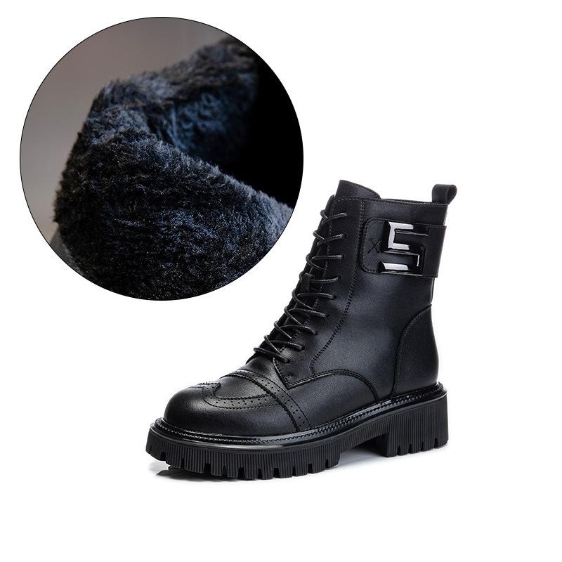Autumn and winter new thick-soled medium-tube leather Martin boots women's velvet short boots thick-soled casual women's shoes