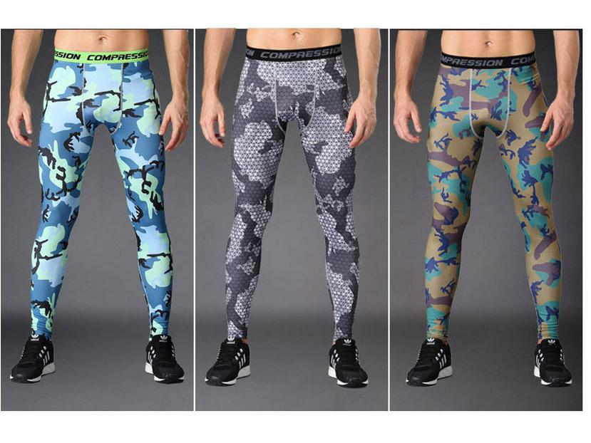Pánské rychleschnoucí kompresní běžecké legíny s maskovacím vzorem