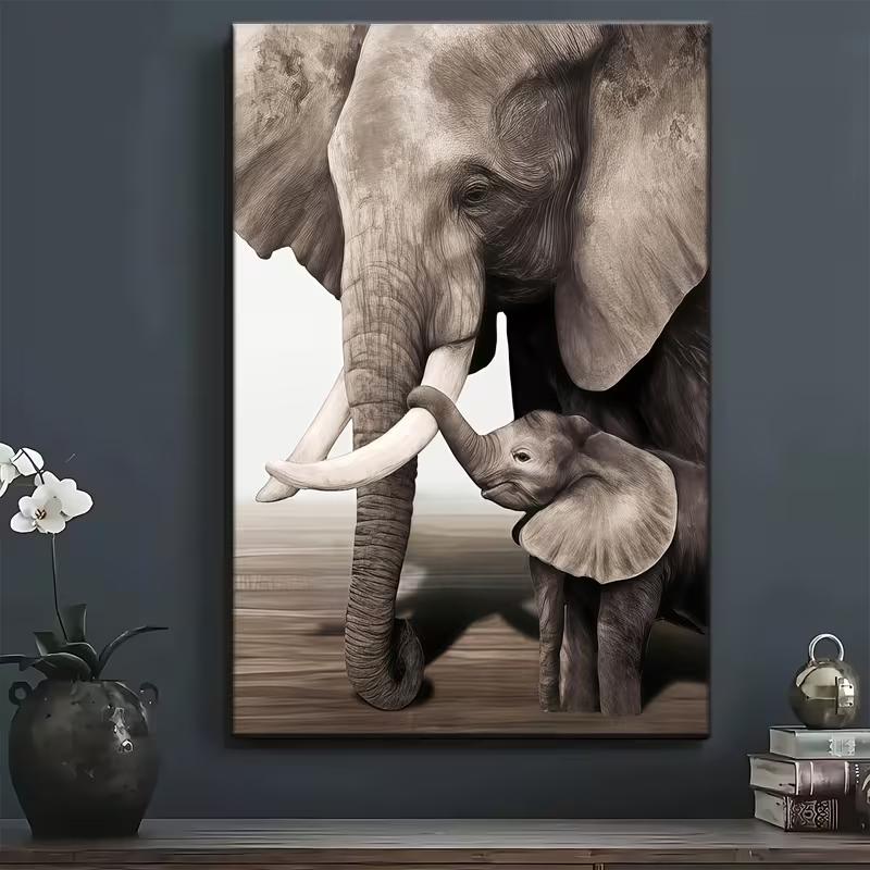 Art Deco Modern Elephant Mother and Youngsters Canvas Oil Painting Print Poster, 21X30CMNo Framed
