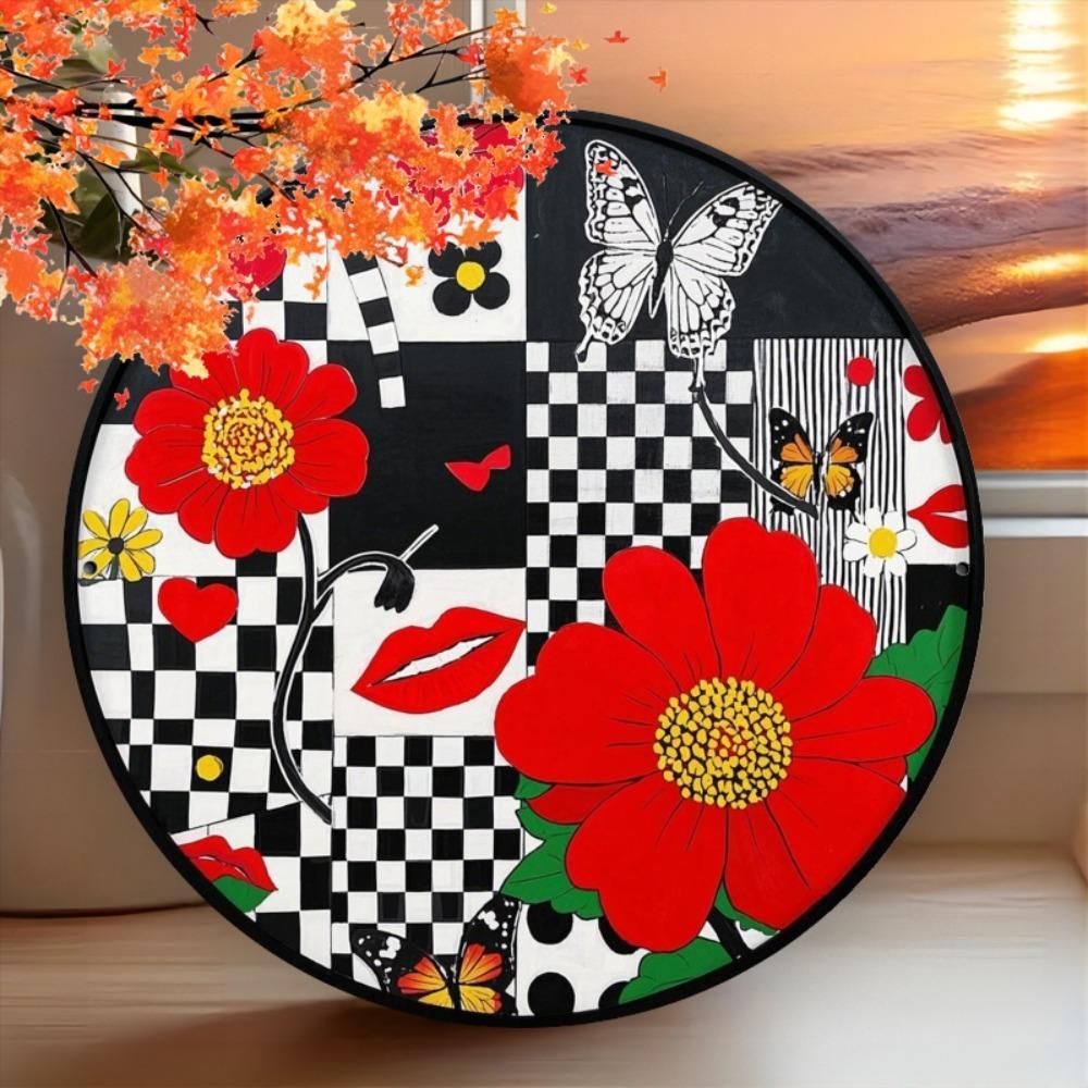 D Round Metal Sign xcm Pop Art Black White Checkered Red Flower Butterfly Wall Decor Aluminum Plate