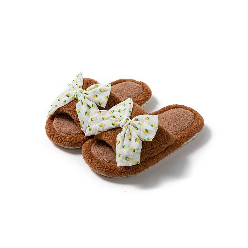 Polka Dot Bow Open Cotton Slippers Ins Fluffy Slippers Less Contrasting Plush Slippers