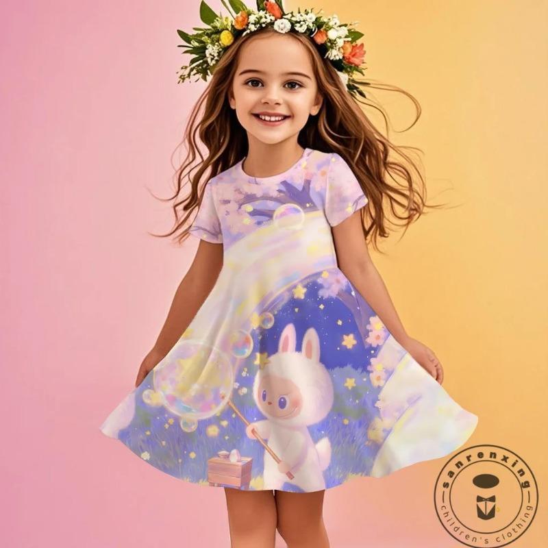 

MINISO Новое летнее платье для девочек Labubu с 3D-принтом, модное, мультяшное, милое, принцесса, одежда для девочек, юбка, вечеринка, Labubu 130