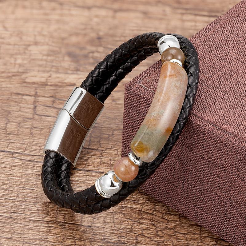 Minimalist Crystal Stone Bracelet Braided Leather Cord Stainless Steel Chain Waterproof Jewelry for Men Women Daily Use