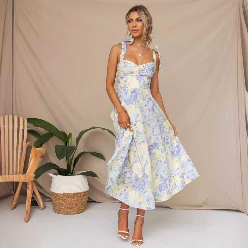 V-neck Printed Dress Women Foreign Trade Waist Hugging V-neck Sling Print Mid-Length Dress Women
