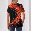 Women's Casual Short Sleeve V-Neck T-Shirt with Leaf Print and Decorative Buttons