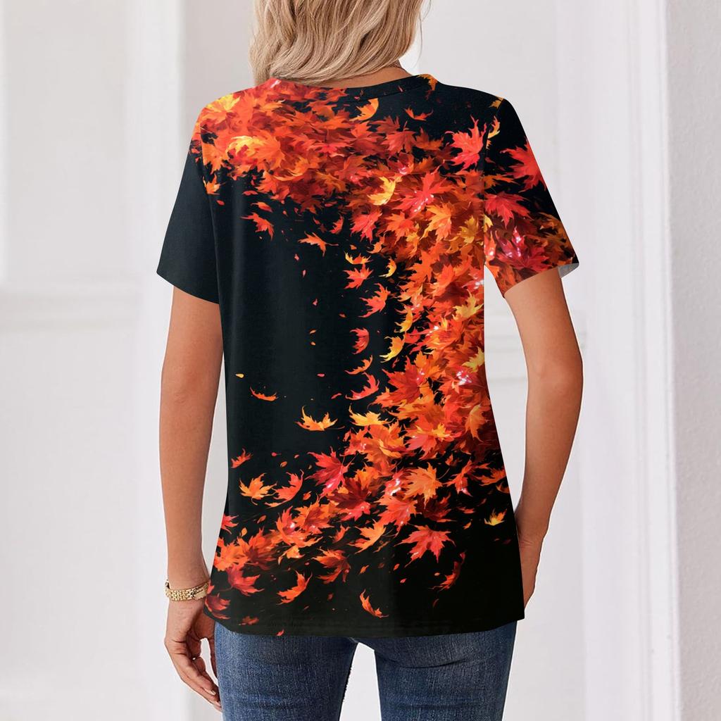 Women's Casual Short Sleeve V-Neck T-Shirt with Leaf Print and Decorative Buttons