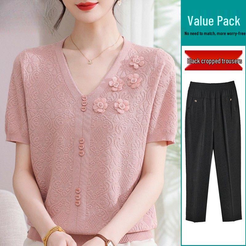 2026 Summer Ice Silk Blouse & T-Shirt Set for Moms and Seniors