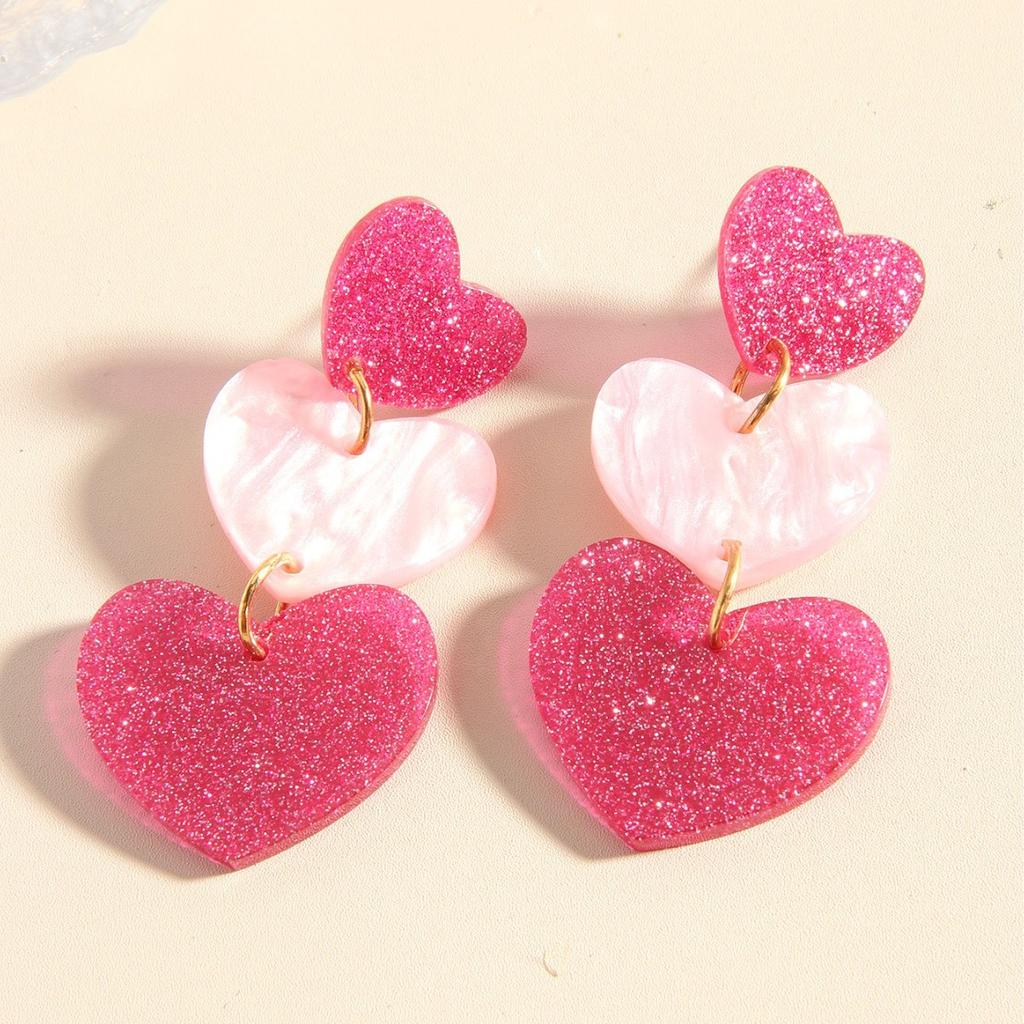 1pair Pink Heart-Shaped Earrings, Women'S Color Blocked Multi-Layer Earring Pendant, Valentine'S Day Acrylic Simple Heart-Shaped Earrings