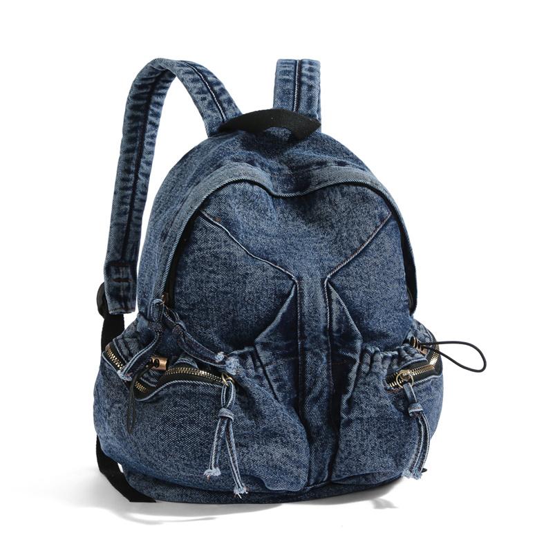 Denim Backpack Women's Fashionable Casual School Bag Trendy Rucksack with Drawstring Pockets
