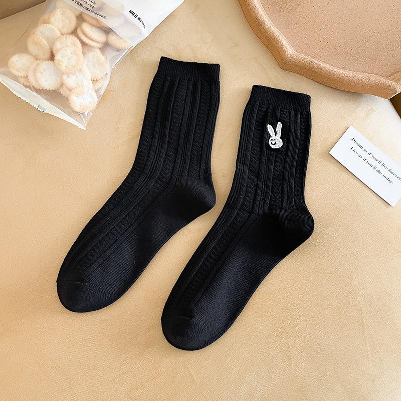 Female Spring and Autumn Solid Color Striped Bunny Embroidery Boneless Drum Pile Pile Socks