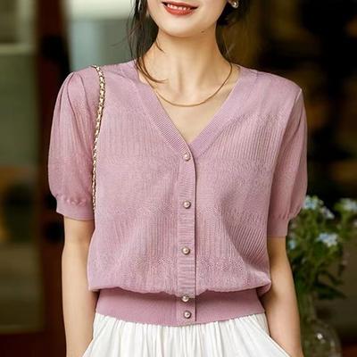 Summer Short Sleeve Knitted Women Sweater Fashion V-Neck Pink White Knitted Sweater Women Sweaters Pullovers Tops JJ53