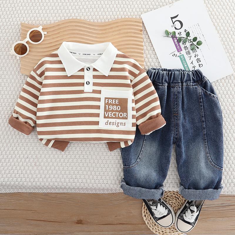 Boys' Long Sleeved Two-piece Set 0-5-year-old Boys' Black and White Striped Polo Shirt Casual Denim Pants Set