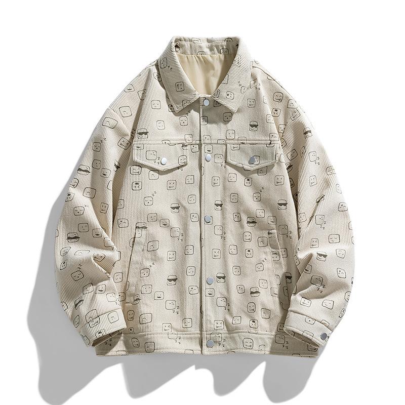 Płaszcz męski wiosenno-jesienny sztruksowy z klapami modny casualowy trend pełny nadruk prosty duży rozmiar płaszcz kurtka męska