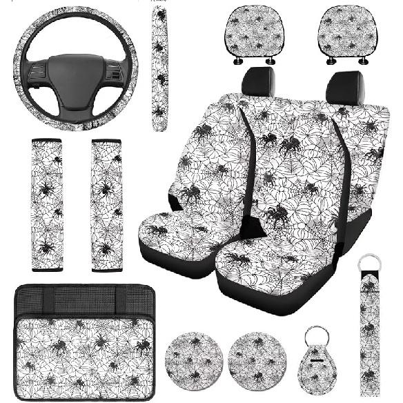Red Spider Web Car Seat Covers with Steering Wheel Cover,Armrest Cushion,Seat Belt Covers Cup Holder with Keychain,Automotive Protector Set Unverisal