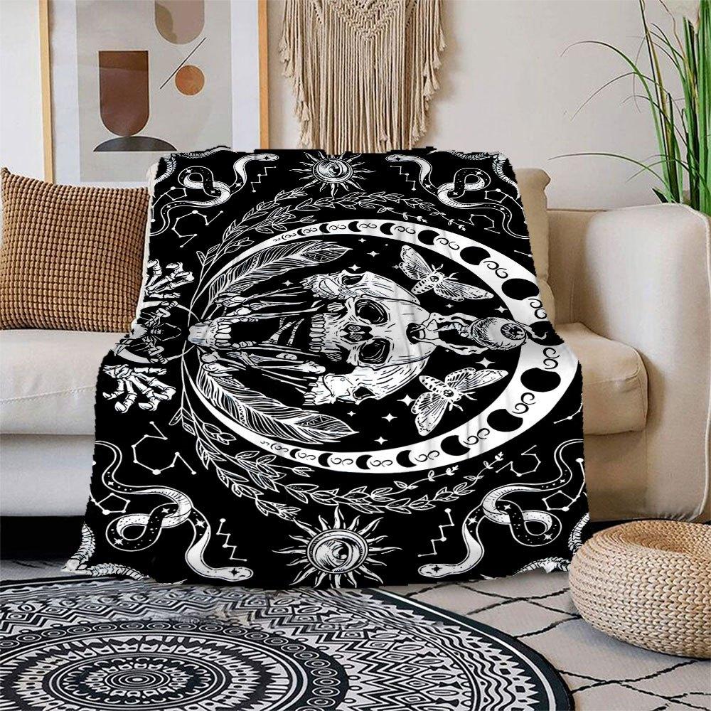 

Bohemian Skull & Moth Mandala Wall Art Print Blanket Flannel Throw Blanket for Sofa, Bed, Travel, Camping, Office, Couch, Chair, And Bed Gi 150x180cm