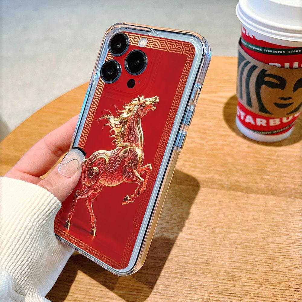 Golden Horse on Red Background lucency Phone Case for IPhone 14 15 16 13 12 11 17 Pro Max 12 13 Mini Soft Cover