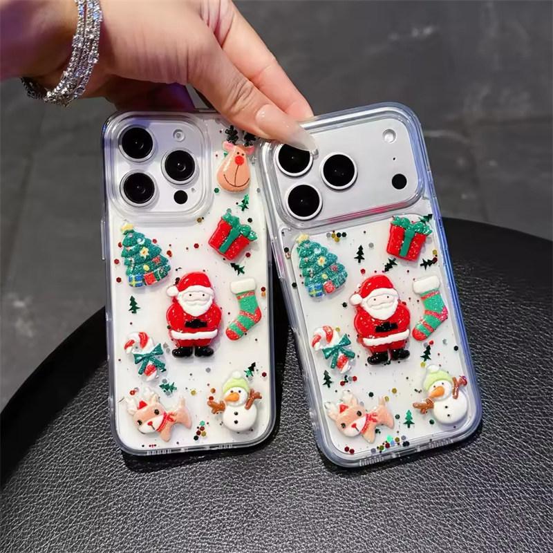 3D Epoxy Christmas Father Santa Claus Clear Phone Case For iPhone 17 Air 16 15 14 13  Pro Max Plus Shockproof Cover Bumper Back Phone Cover
