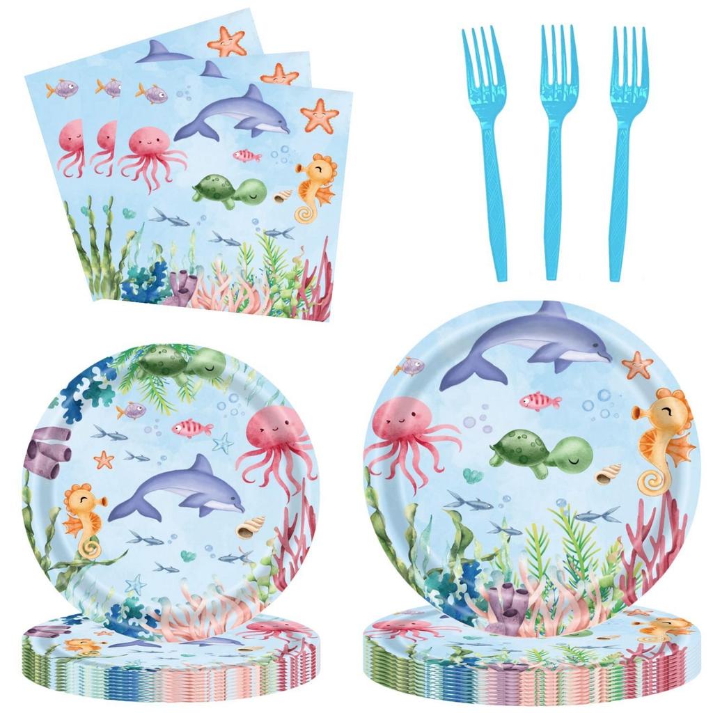 Underwater Dolphin Animal Tableware Birthday Party Decorations: Disposable Ocean-Themed Paper Plates, Cups, Napkins, and Tablecloth Set