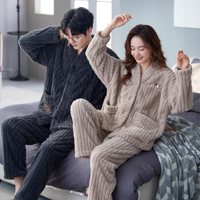 Couple Pajamas Women'S Coral Fleece Winter Thickened Fleece Cardigan Autumn And Winter Flannel Men'S Loungewear Set