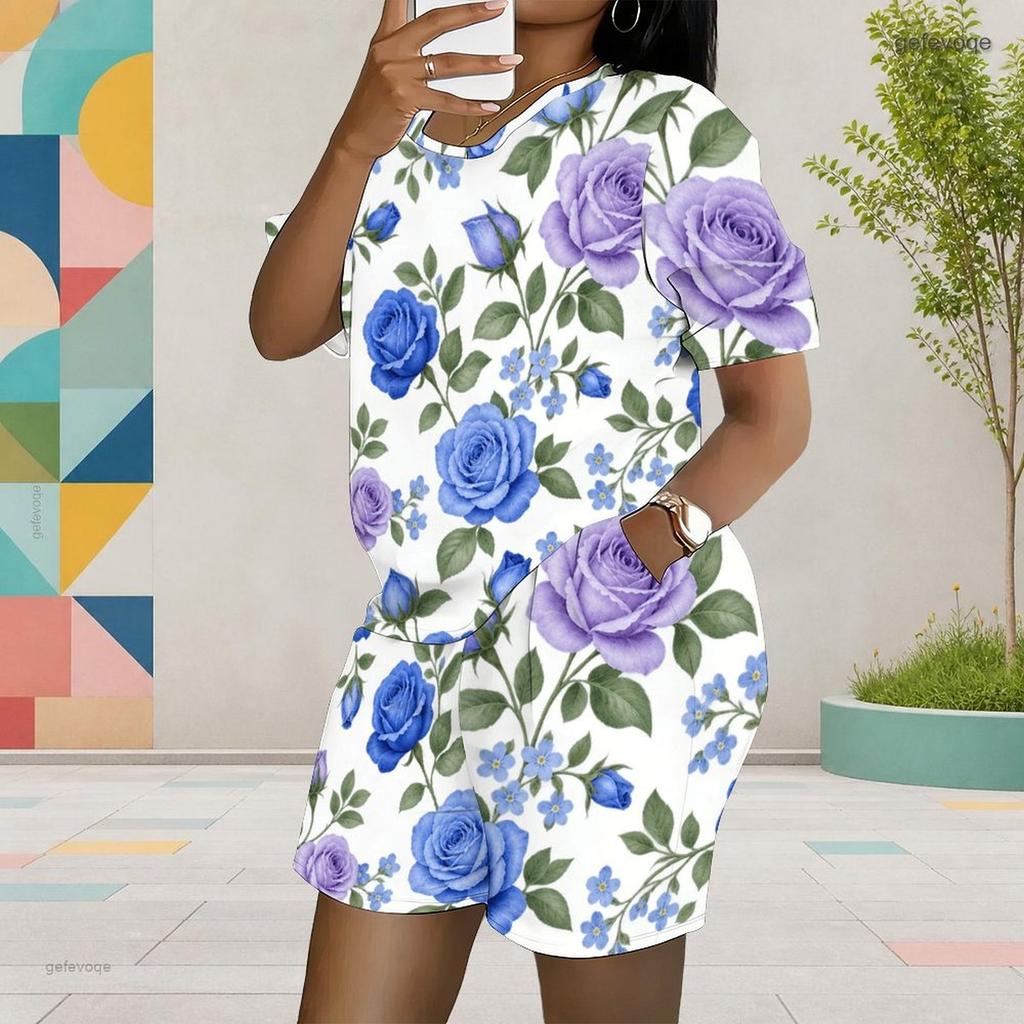 Women Plus Size Floral Printed Round Neck Short Sleeve Top Pocket Shorts Two Piece Set