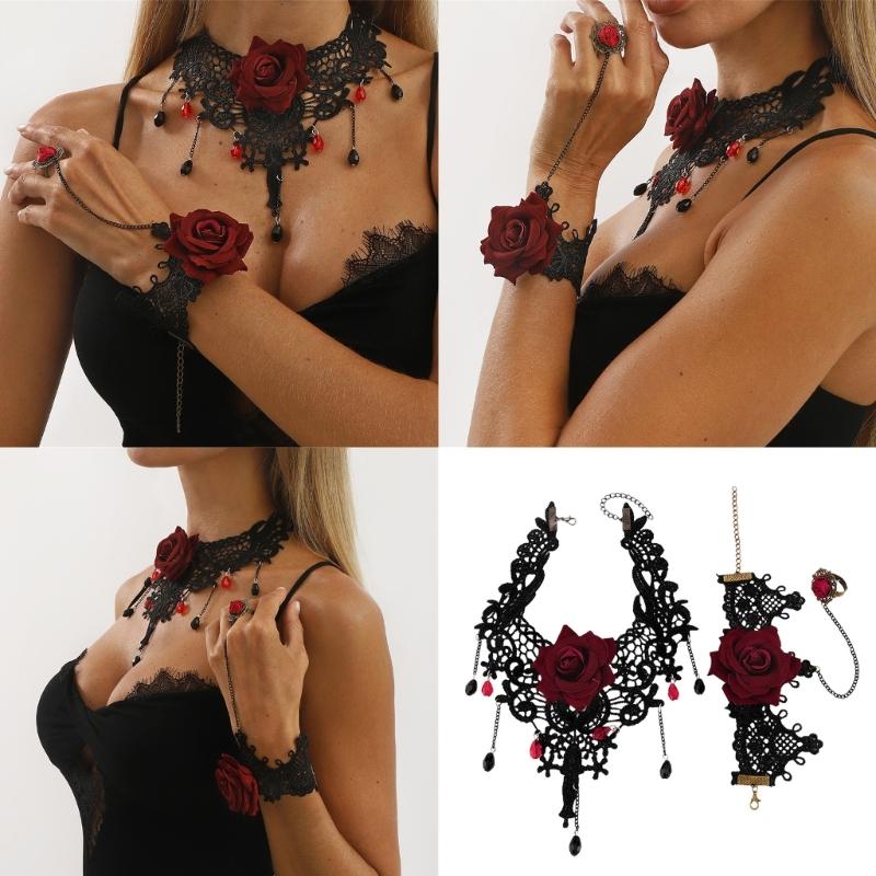 2pcs Gothic Lace Choker Necklace Finger Rings Bracelet Halloween Costume Accessories Jewelry for Women Girls Gift
