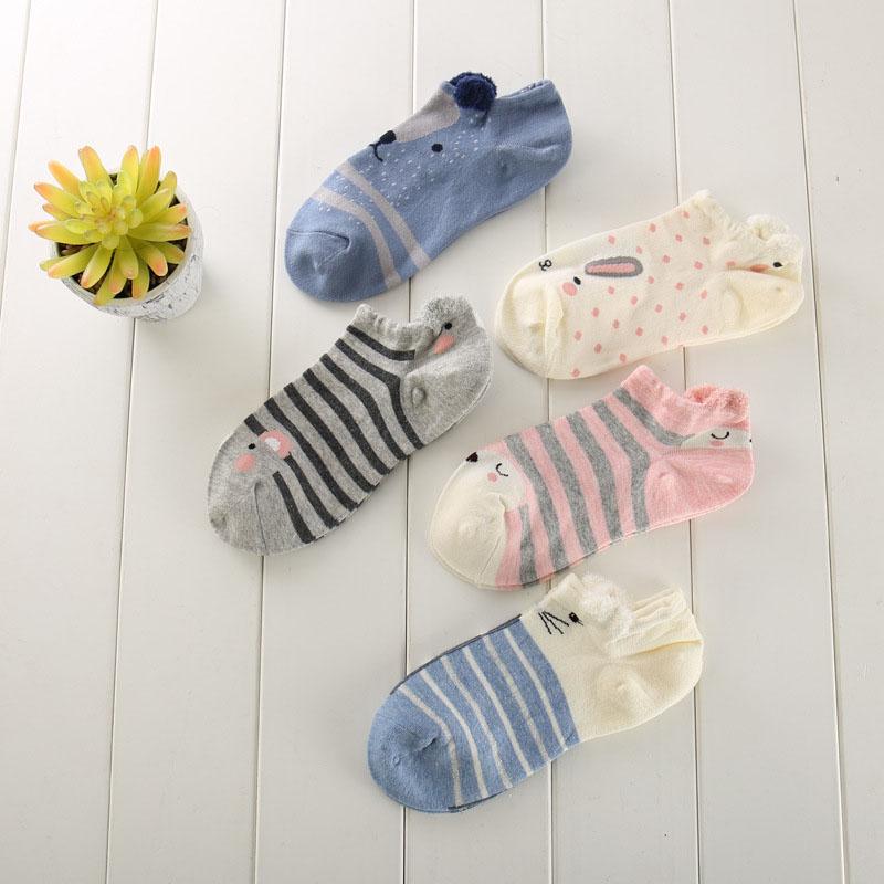 5 Pairs Women Ankle Socks Funny Cute Cartoon Stereoscopic Animals Ear Plush Boat Socks Womens Lady Girl Art Sock Meias Short Sox