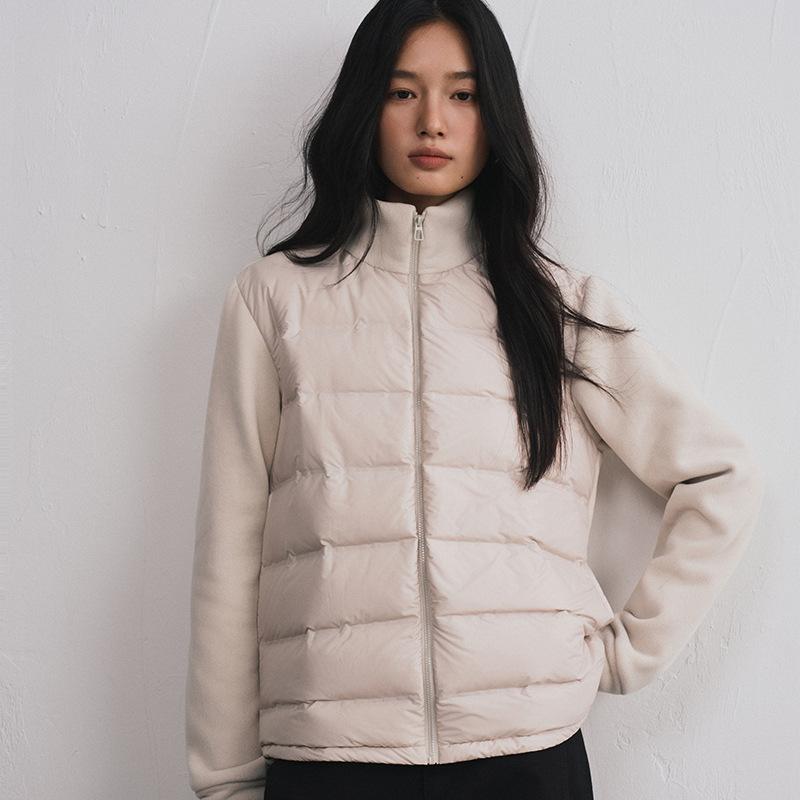 Women's Stand Collar Quilted Puffer Jacket Fleece Sleeve Patchwork Zip Up Short Cotton Padded Coat Solid Color Winter Outerwear