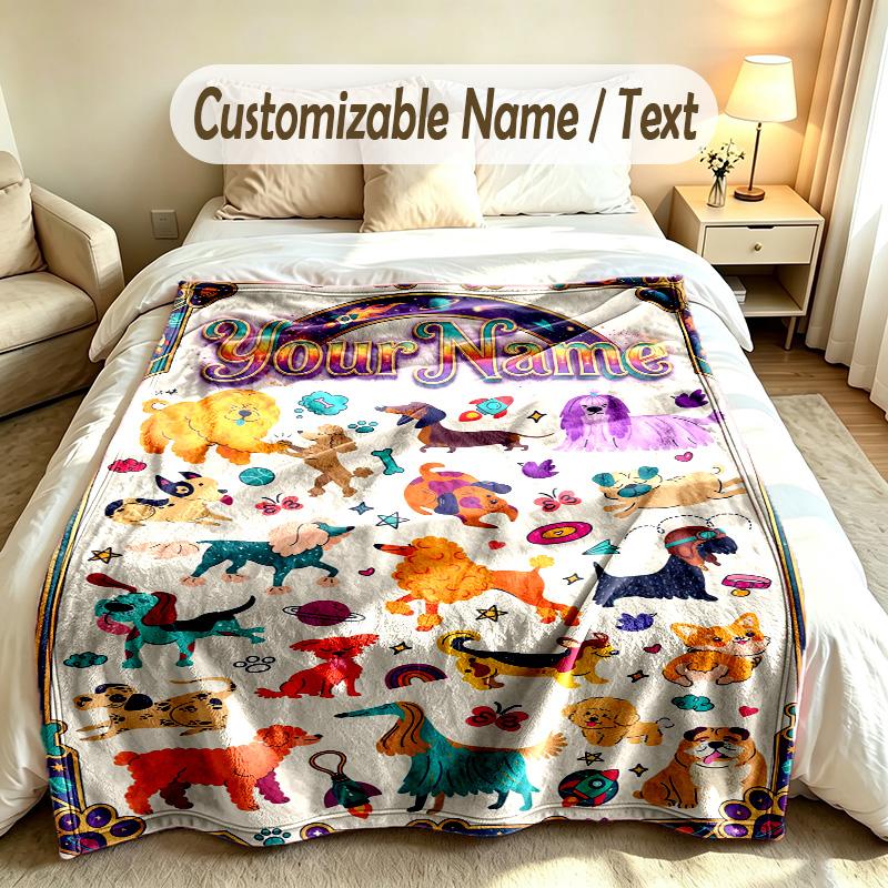 Dog Theme Soft Blanket Personalized Custom Name Text Print Warm Blanket Home Sofa Bedroom Decor