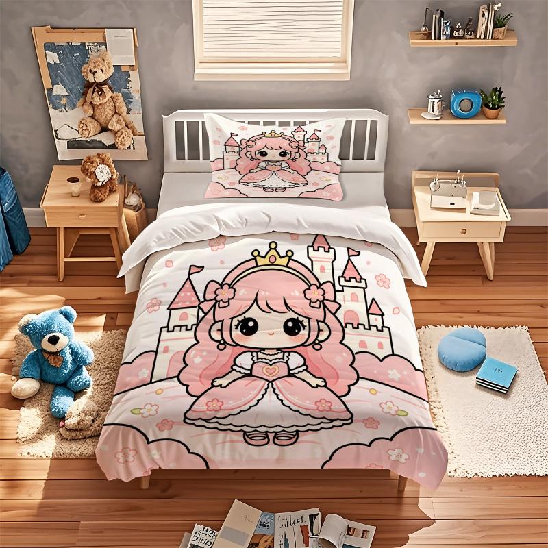 Pink Cartoon Princess Castle Floral Duvet Cover Set Comforter Cover Bedding Set No Filler HD Print Soft Bedroom Bed Cover