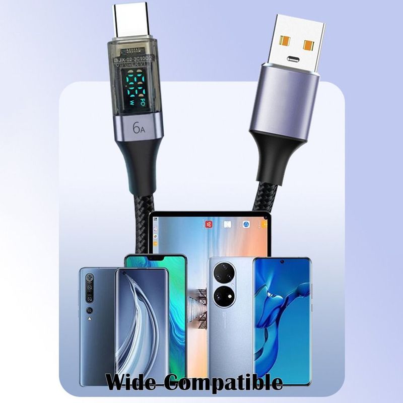 6A USB C Cable PD 66W Digital Display A to C Data Cord 0.5M/1M/2M Quick Charge Type-C Charging Line for Mobile Phone Laptop