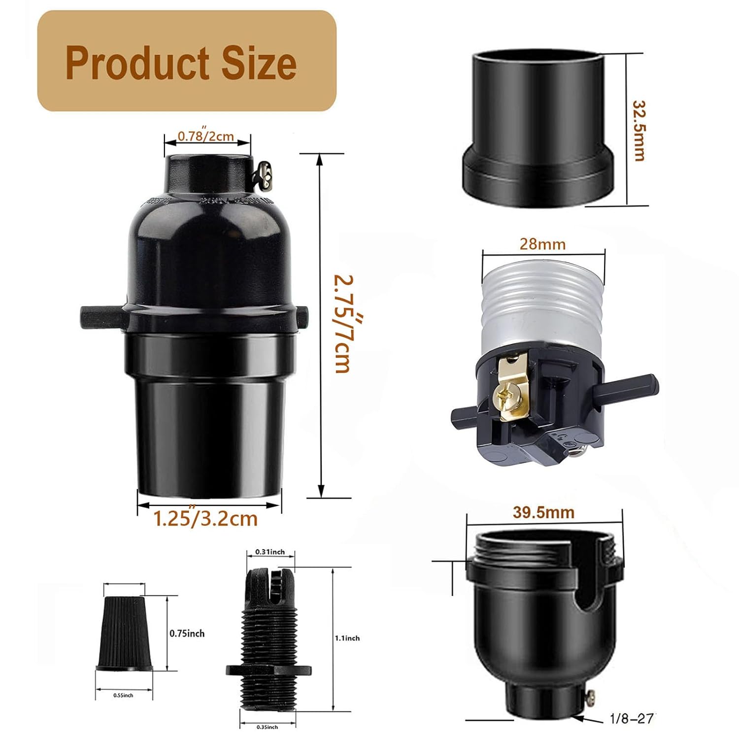 

Phenolic Medium Base Light Socket with Push Switch, 3 Pack E26 Medium Screw Light Holder Black Edison Retro Pendant lamp Holder