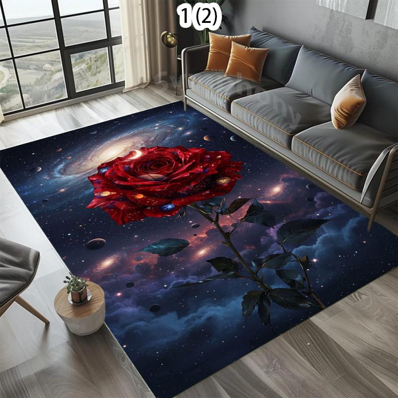 Cosmic Galaxy Rose Pattern Area Rug Realistic Star System Detail Non-Slip Mat for Living Rooms Game Rooms Trendy Areas