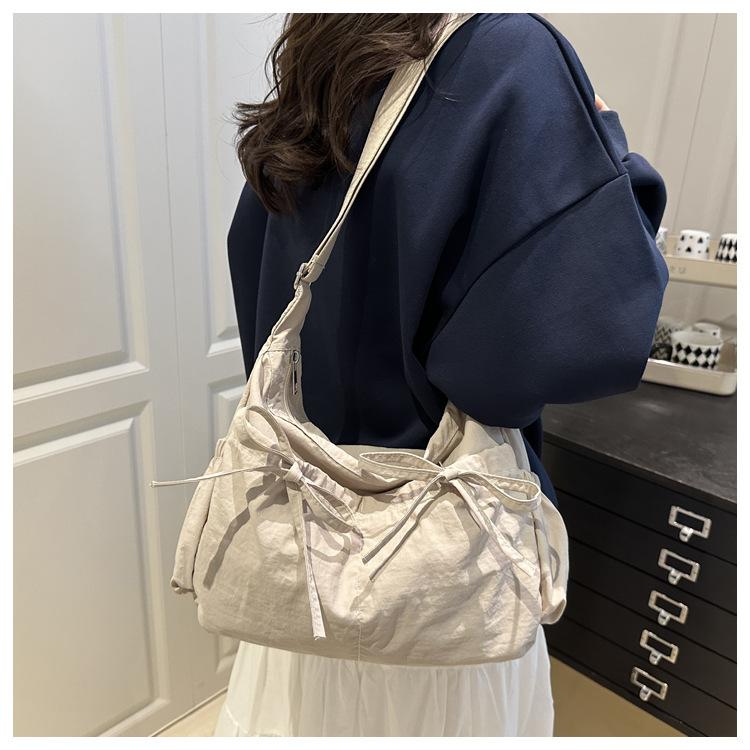 Pleated Bow Knot Tote Bag for Women Cotton Large Capacity Shoulder Crossbody Bag