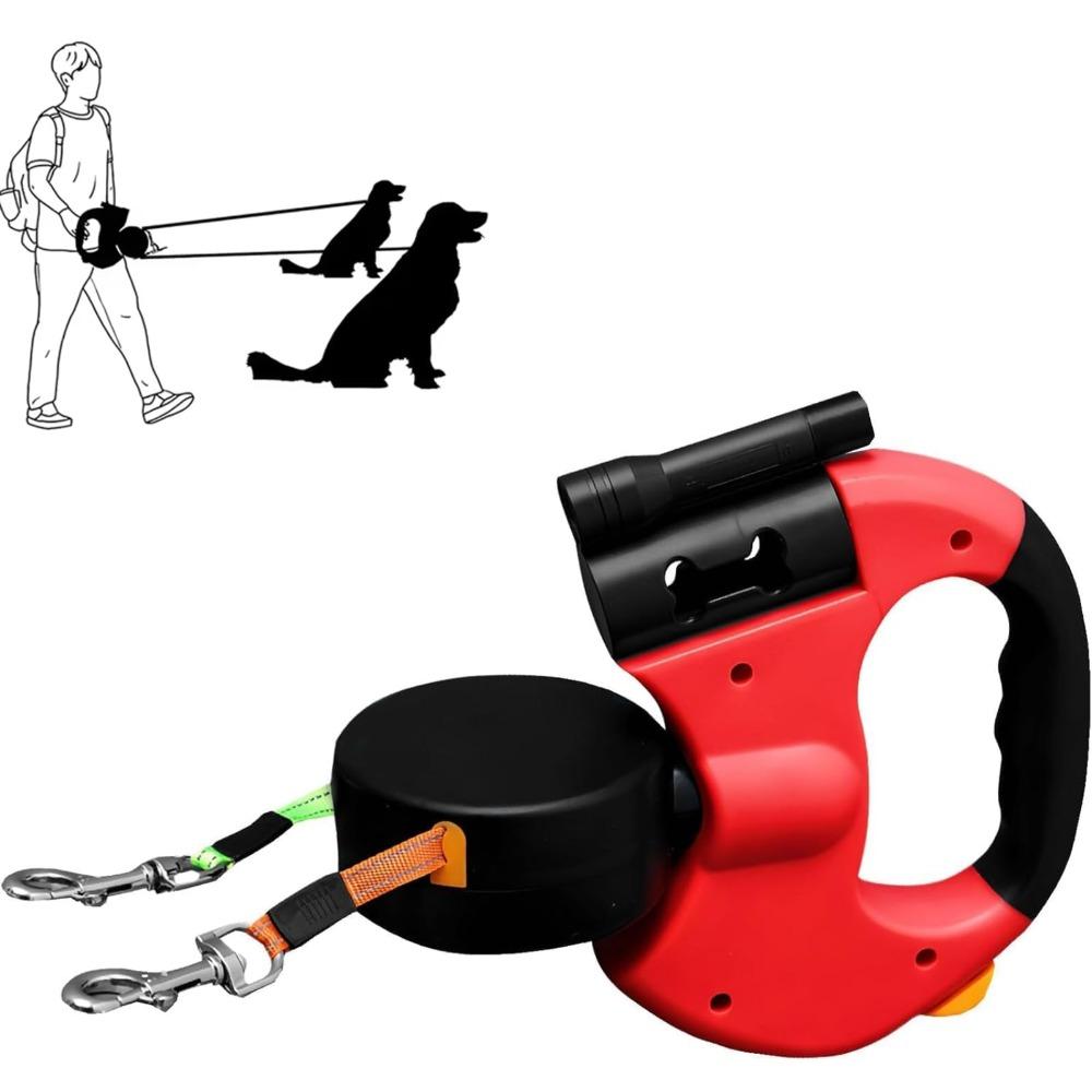 New With Flashlight Dual Dog Retractable Leash Poop Bag Holder Retractable Dog Tractions Rope 360° Rotating LED Lights Dog Chain