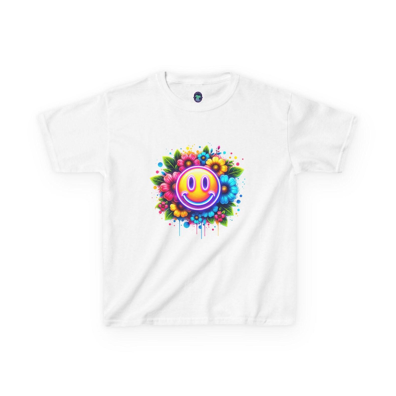 Vibrant Kids Tee with Smiley Floral Design, Playful T-shirt for Kids, Birthday Gift, Summer Apparel, Fun Graphic Tee 100