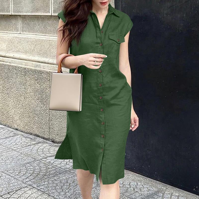 ZANZEA Women Turn Down Collar Solid Color Summer Sleeveless Dress
