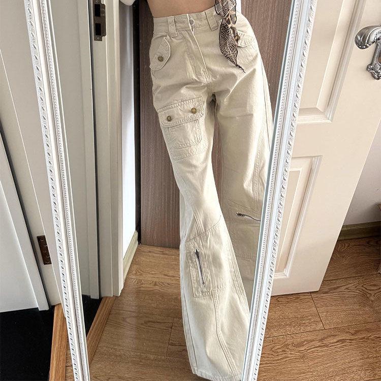 

Women s American Washed Apricot Zipper Wide-Leg Cargo Jeans - Trendy Spring Style 4XL абрикосовый