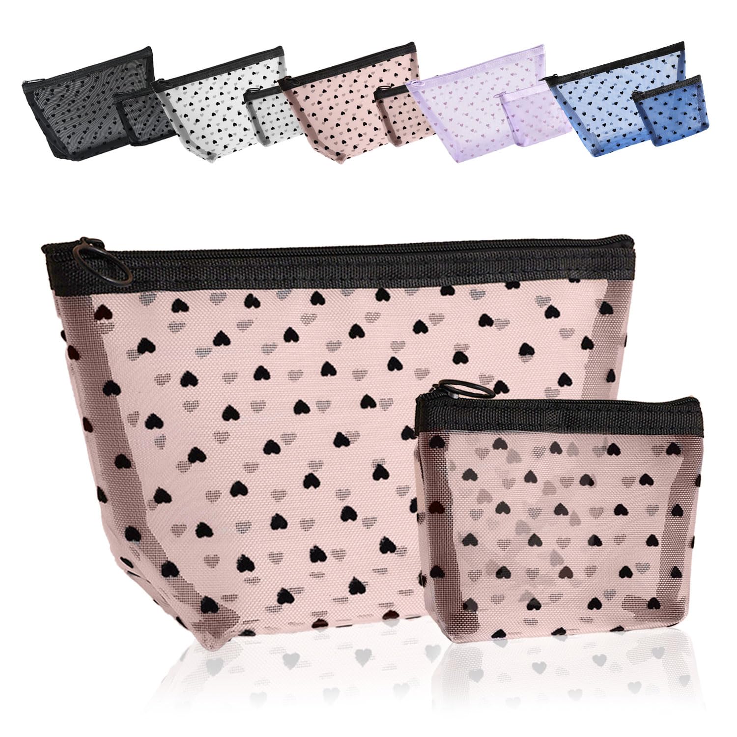 

CROWNCAT Mesh Makeup Light Pink material for easy viewing of simple and cute heart and a set of two large and Pouch, 2-Pack, [Mesh contents, pattern,