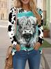 Women's Highland Cow Print Top White Sleeve Teal Long Crew Neck Casual Pullover Farm T Shirt