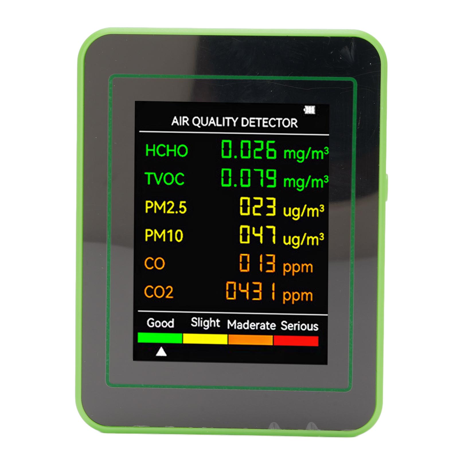 

Air Quality Detector CO2 TVOC HCHO PM2.5 PM10 Portable Air Tester Color LCD Digital Display White Green