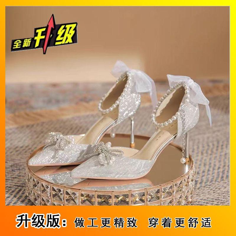 Wedding shoes bride shoes ribbon bow pointed single shoes women's pearl chain one-word strap high heels women's new 2025