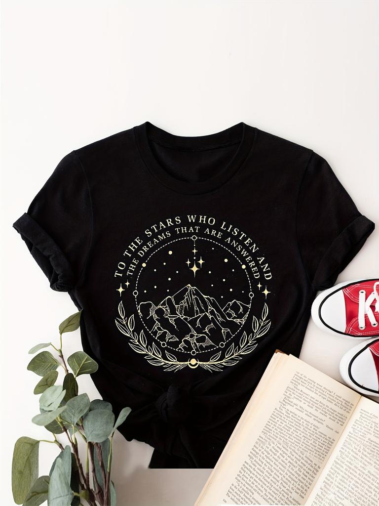 T-shirt da donna con stampa Luna Montagna Girocollo Manica Corta Casual Top Primavera Estate